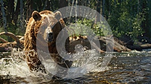 Brown bear runs in water during hunting for salmon in mountain river in summer, wild grizzly animal on green trees background. photo