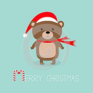 Brown bear in santa claus hat and scarf. Candy cane. Merry Christmas Greeting Card. Blue background. Flat design