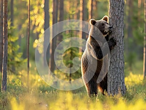 Brown Bear Scratching Against Tree