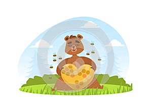Brown Bear Sitting on Green Lawn and Holding Beehive of Heart Shape, Bees Flying around Him, Cute Wild Animal on Summer