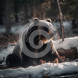 Brown bear sitting on the ground in winter forest. Toned.