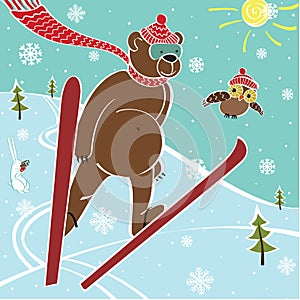 Brown bear ski jumping. Humorous illustration