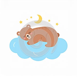 Brown Bear Sleeping on a Blue Cloud Under a Crescent Moon