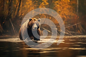 brown bear standing in a river, fleeing from a forest fire