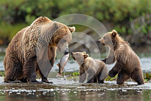 Brown Bear Successfully Catches Fish Near Cubs. Generative AI