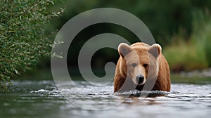 A brown bear is swimming in a river
