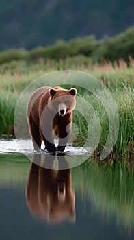 A brown bear is swimming in a river