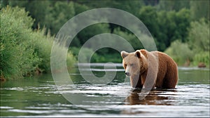 A brown bear is swimming in a river