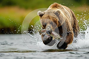 Brown Bear Triumphantly Grasping a Glistening Fish. Generative AI