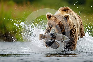 Brown Bear Triumphantly Grasping a Glistening Fish. Generative AI