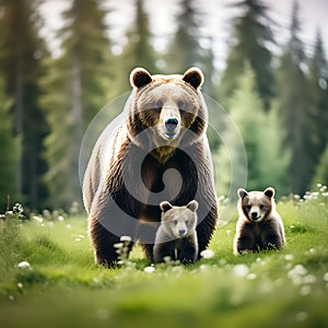 Brown Bear (Ursus arctos) Mother with Two Cubs on Green Meadow - Wide Panoramic Banner with Copy Space