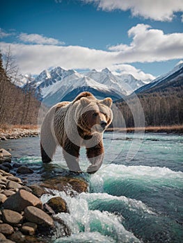 Brown bear walking across a shallow stream, its paw submerged in the water, AI-generated.