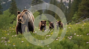 brown bear walking in the forest with her cubs