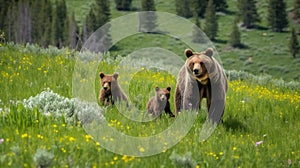 brown bear walking in the forest with her cubs