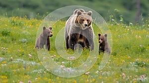 brown bear walking in the forest with her cubs