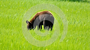 a brown bear walking through a lush green field of grass