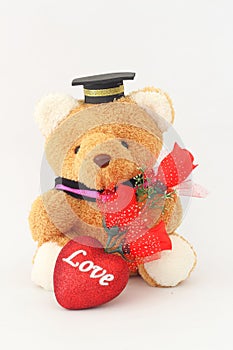 Brown bear wearing a graduation cap and red roses.