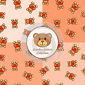 Brown bears with heart set of seamless patterns