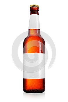 Brown beer bottle with long neck isolated on white background