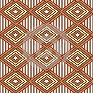 Brown and beige pastel colored rhombus and white stripes seamless geometric vector pattern