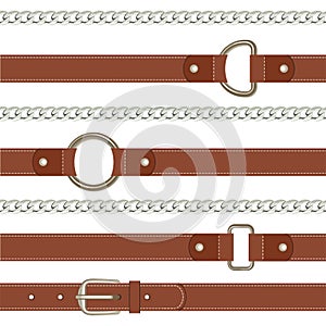Brown belt and steel metal chain seamless pattern on white background.