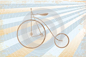 Brown bicycle illustration in stippling retro style on stripes background made in light blue and light yellow colors