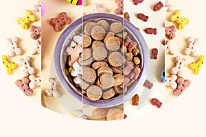 Brown biscuit bones, crunchy organic kibble pieces, dog and cat food in metal bowl for pet feed collage on light background