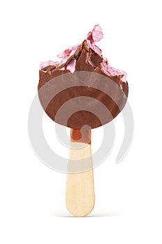 Brown bitten chocolate coated popsicle ice cream isolated