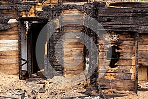 Brown and black burnt house of wooden planks with embossed texture without door and broken wall. background for copy space