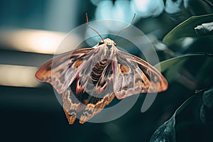 a brown and black moth perched on a leaf. Generative Ai