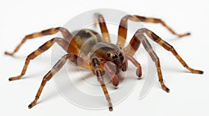 A brown and black spider is standing on a white background