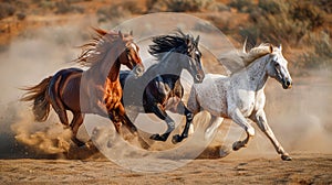 Brown, black and white horse swirls dust as it jets across arid dusty landscape