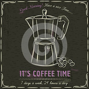 Brown blackboard with a coffee maker and text, vector