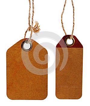 Brown blank cardboard price tags isolated on white