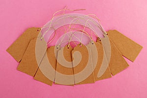 Brown blank paper price tags or labels set on the pink background.