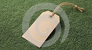 A brown, blank tag is placed on a textured green fabric surface. The tag is rectangu