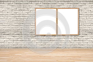 brown blank wooden frames for pictures and art for a modern home decoration on a brick wall