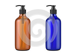 Brown and Blue cosmetic bottles isolated on white background