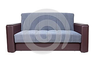 Brown and blue, fabric and leather sofa isolated on white. Modern soft couch