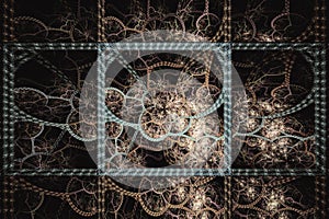 Brown blue pattern of shapes and waves on a black background.