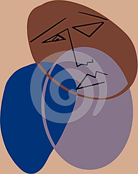 Brown and blue Picasso Style Abstract unhappy Face Illustration