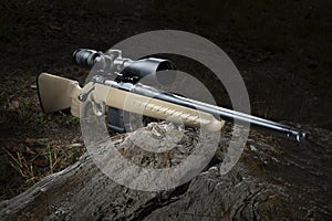 Brown bolt action rifle in 556 with scope on a log