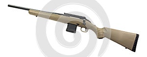 Brown bolt action rifle on white