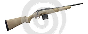 Brown bolt action rifle on white