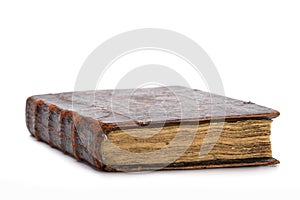 A brown book, in shabby leather case with clasps.