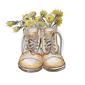 Brown boots like a vase for dandelions