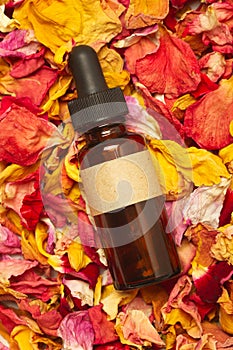 Brown bottle with a dropper on a heap of dry colored flower petals background