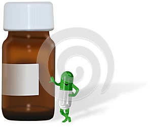 Brown bottle with green pill smiling