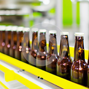 Brown bottles on conveyor belt in industrial factory. AI Image