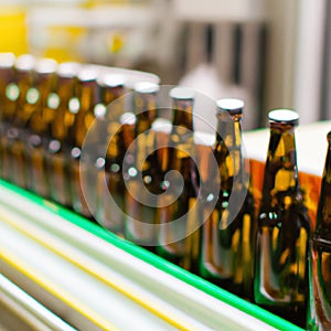 Brown bottles on conveyor belt in industrial factory. AI Image